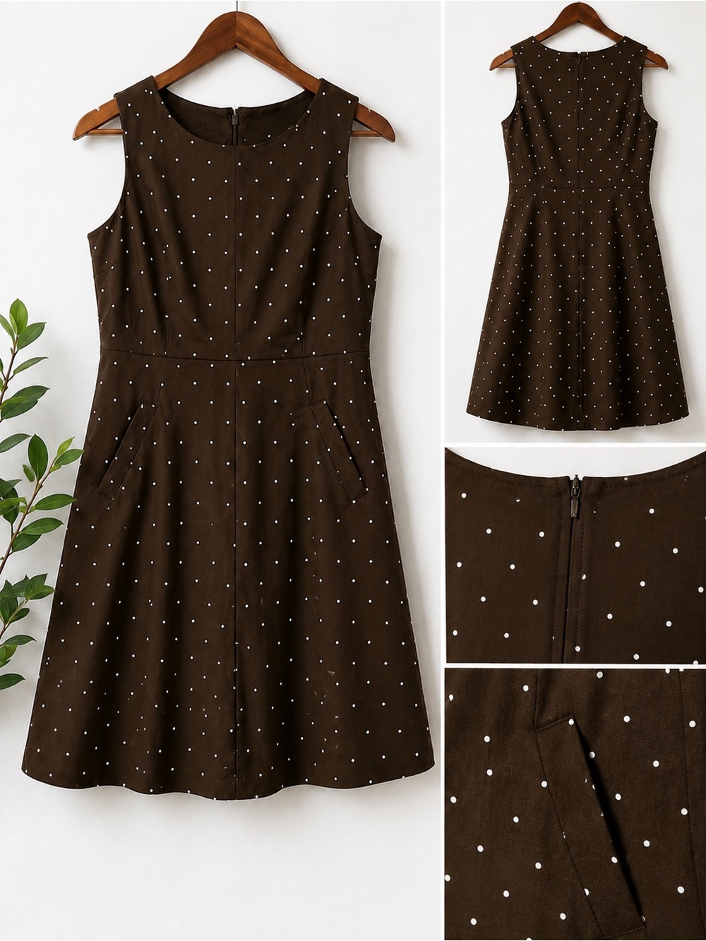 Lands' End Brown Sleeveless Polka Dot Midi Dress